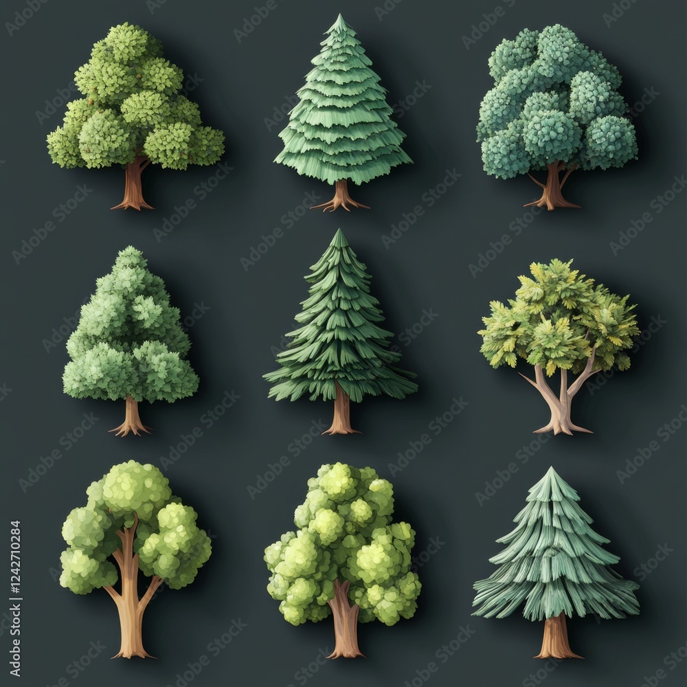 Poster Various Types of Trees in a Grid Format for Natural Design Elements