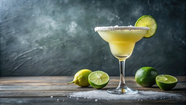 Frozen cocktail glass filled with a tangy, citrusy drink made of tequila, lime juice, and triple sec, garnished with a lime wedge on the rim of the glass, citrus flavors, triple sec