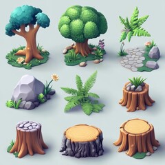Cartoon Style Nature Elements with Trees, Rocks, and Plants