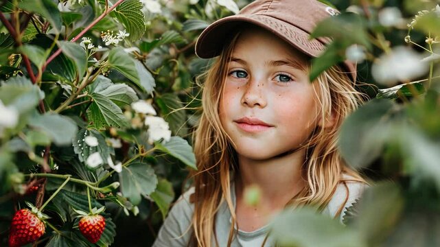 Strawberry Fields Forever: A young girl with rosy cheeks and a charming cap gazes out from the heart of a flourishing strawberry patch, her eyes reflecting the warmth of the sun-drenched field.