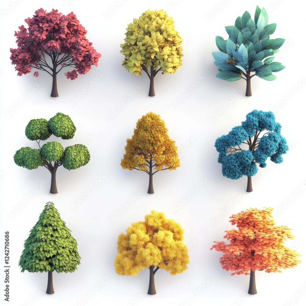 Poster colorful collection of various trees with unique foliage shapes