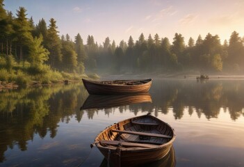 Obraz premium Wooden fishing boat on the shore of a tranquil lake at dawn, peaceful atmosphere, nature scenery