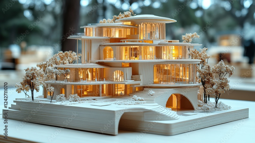 Poster architectural model of a modern multi-level house with illuminated interiors and surrounding trees