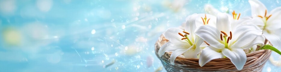 Obraz premium White lilies in a wicker basket on a bright blue background.