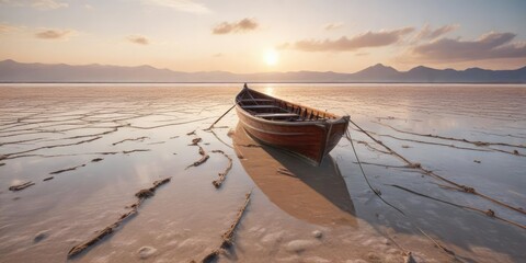 Wooden boat navigating through muddy waters of Xiapu salt flats at low tide, landscape photography, wetland