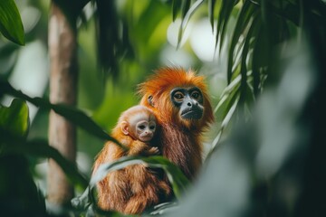 Obraz premium Golden Lion Tamarin mother cradles her baby amidst lush green foliage.