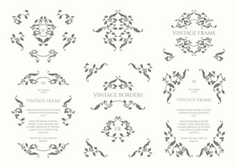 Collection of  dark decorative elements. Vintage Victorian frames, corners and borders. Graphic design page.