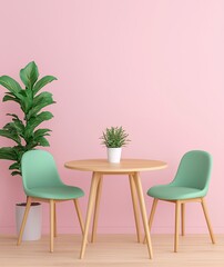 Pastel Pink Room Setting with Mint Green Chairs and Wooden Table