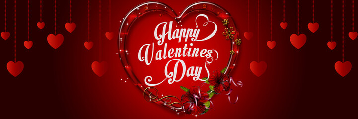 Fototapeta premium happy valentines day with red heart flower decoration on red background.