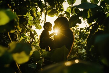 Silhouetted ape mother cradles her baby in lush green foliage, backlit by the setting sun.