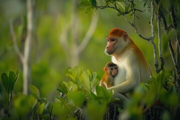 Fototapeta premium Proboscis monkey mother cradling her baby in lush green foliage.