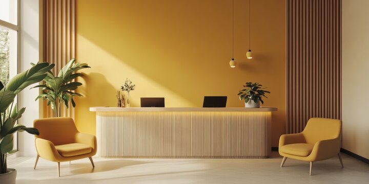 Modern minimalist reception area with yellow accents