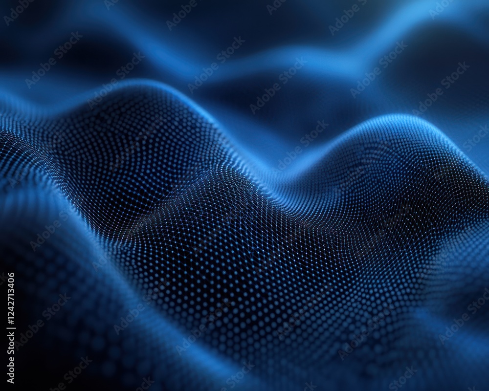 Poster blue dot grid forms undulating 3d surface, abstract digital backdrop, for web use