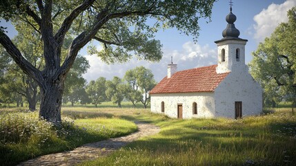 Fototapeta premium Rural Chapel Path Sunny Meadow Summer Day