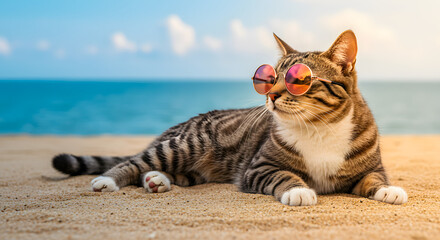 A fluffy cat chilling on a beach and wearing sunglasses. Generative AI.