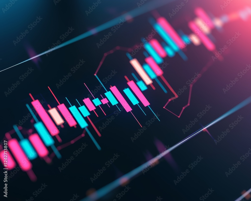 Poster an abstract yet precise financial graph, where glowing blue and pink tones combine with dynamic tren