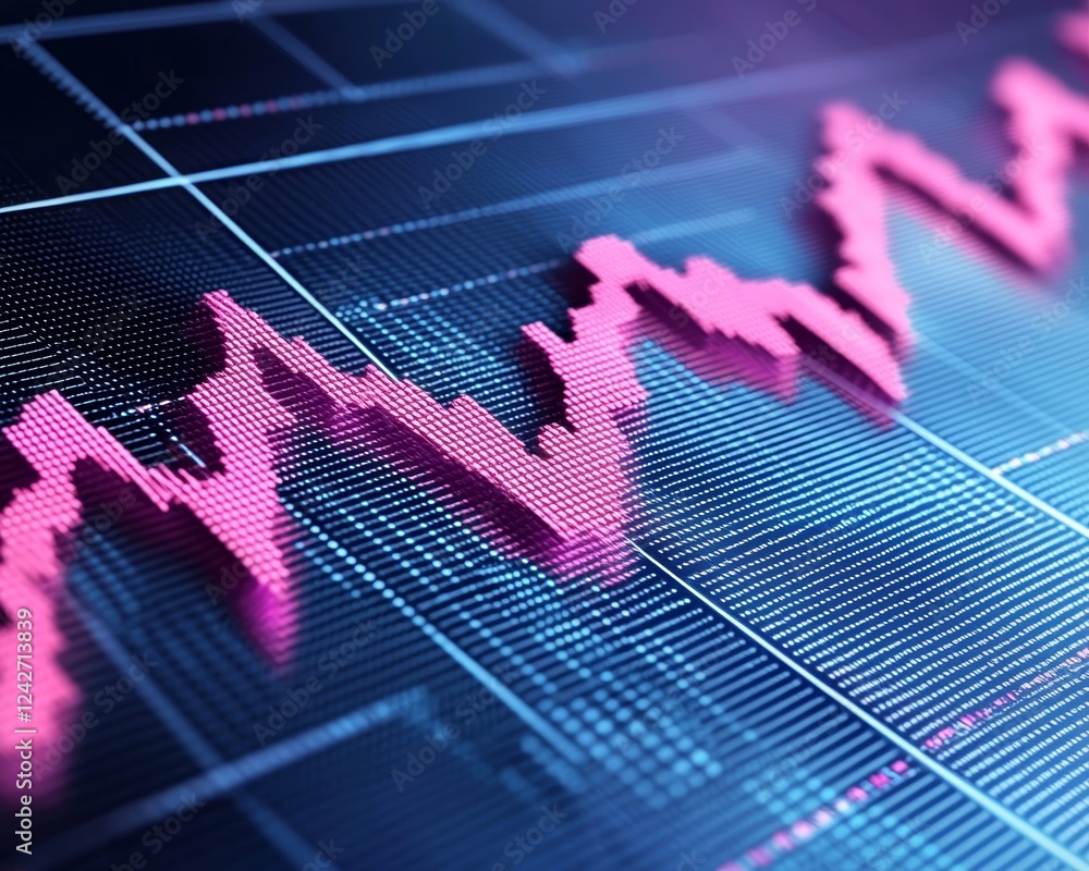 Poster an abstract yet precise financial graph, where glowing blue and pink tones combine with dynamic tren