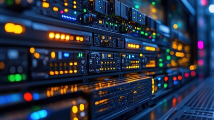 Naklejka premium Close-up view of illuminated server racks in a data center showcasing technology and connectivity (7)
