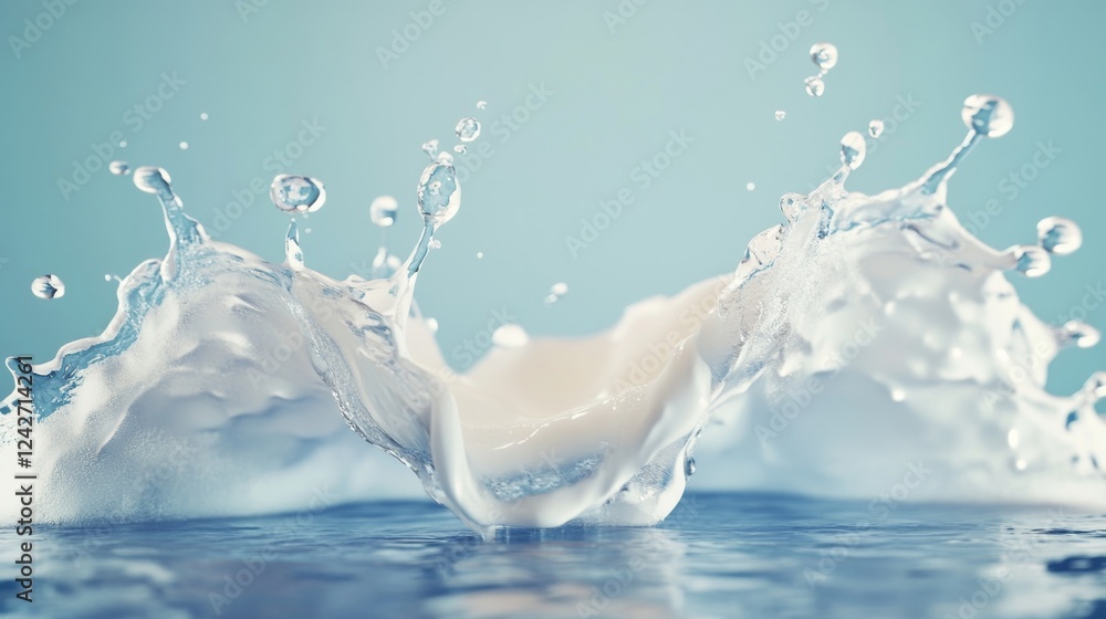 Poster splashing water droplets creating beautiful patterns in blue background