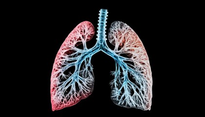 Anatomy of the thorax region highlighting the lungs, respiratory tree, and circulatory system components in vivid detail.