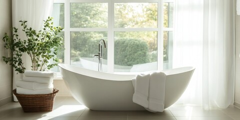 Modern Bathroom Featuring Freestanding Tub and Lush Greenery