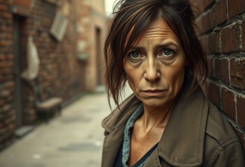 Fototapeta premium Poor woman in dimly lit alleyway