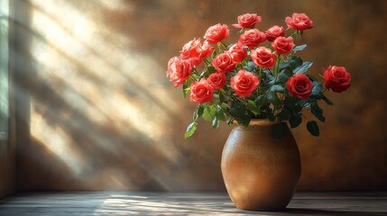 A vibrant bouquet of red roses in a rustic vase, illuminated by soft sunlight in a cozy setting