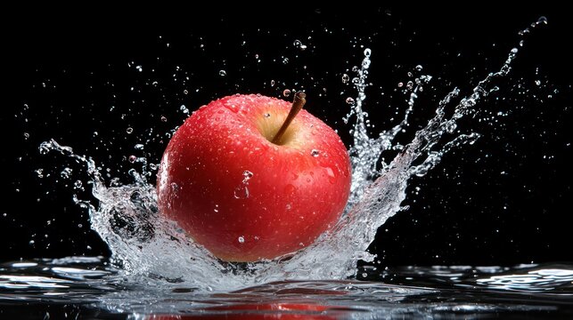 A fresh red apple splashes into water, creating dynamic droplets against a dark background.
