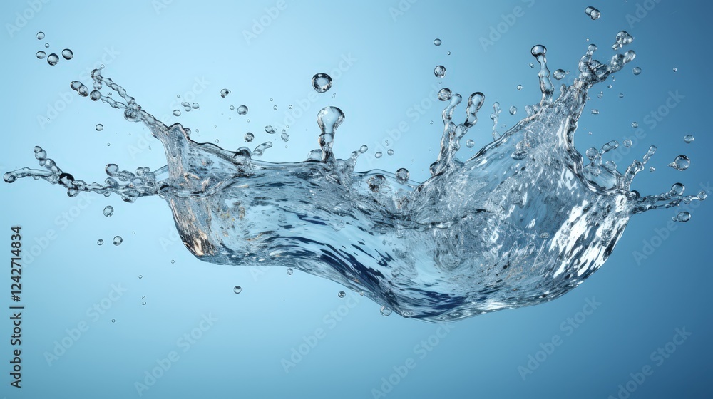 Poster dynamic splash of water in mid-air with droplets glimmering against a soft blue background creating 