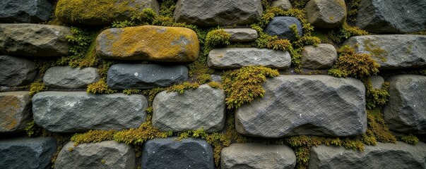 Weathered stone wall with moss and lichen growth, texture, stone wall, overgrown