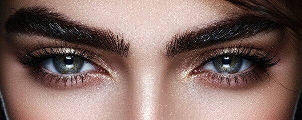Fototapeta premium Her bold yet feminine makeup combines dramatic lashes, a luminous shimmer on the eyes, and a perfectly sculpted brow line.