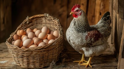 A hen proudly stands next to a wicker basket overflowing with fresh, brown eggs, a rustic scene evoking images of farm life and the bounty of nature.