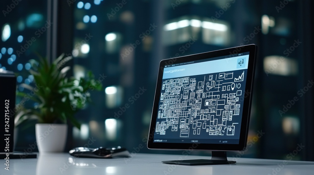 Poster modern tablet displaying abstract data at night