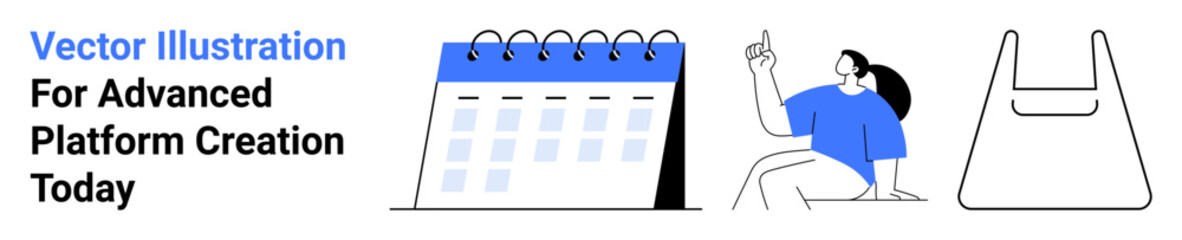 Calendar with spirals, person pointing upward in idea-sharing scene, abstract design object. Ideal for project planning, team collaboration, decision-making, innovation, idea sharing, business