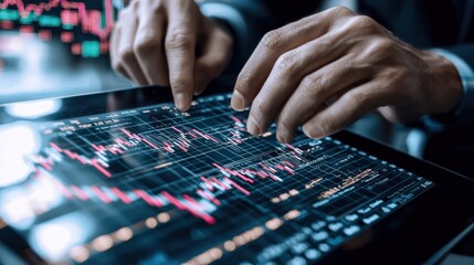 Hands interacting with a digital tablet displaying stock market data and graphs.