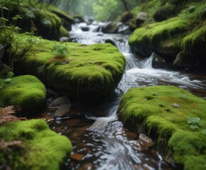 Water flowing gently over moss covered stones, river, stone, greenery