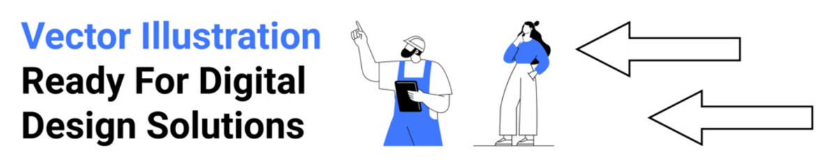 Man presenting with a pointer and tablet, woman thinking, large arrows emphasizing direction. Ideal for strategy, teamwork, creativity, planning, innovation, business workflow flat landing page