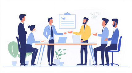 Business people in a boardroom applaud, shake hands, and present ideas for strategy coaching and development during a workplace meeting.