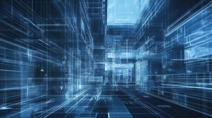 A blueprint of a futuristic building with digital overlays of construction plans and materials.