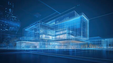 A blueprint of a futuristic building with digital overlays of construction plans and materials.