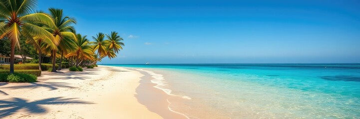 Obraz premium Warm sandy beach with palm trees and clear blue ocean waters on a sunny day, ocean, sunny
