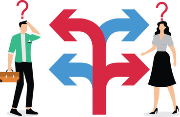 Doubt, unsure or uncertainty, decision to go right way, confusion, problem or choose direction, contemplation for career opportunity concept, business people think with question mark to go right way