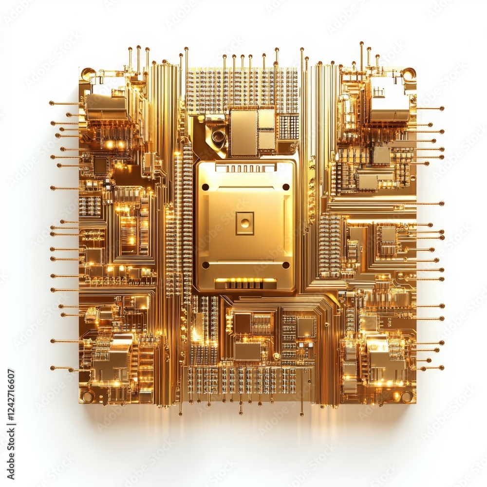 Poster golden circuit board with intricate connections and components