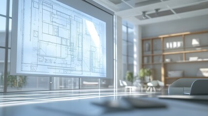 A digital rendering of architectural blueprints on a large screen in a modern design studio.