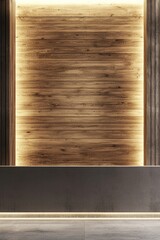Naklejka premium A wooden wall panel in a modern office interior with lighting and a wood cladding background. Minimalist architectural design for a corporate or business agency and hotel reception