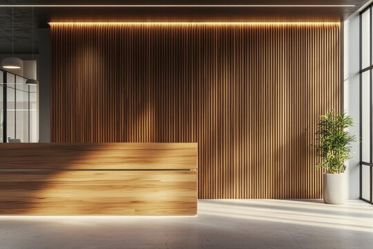 A wooden wall panel in a modern office interior with lighting and a wood cladding background. Minimalist architectural design for a corporate or business agency and hotel reception