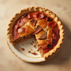 Warmly glowing pie with golden crust and savory meat filling on a light beige background, baked, pie