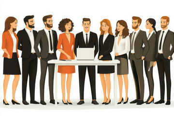 A diverse group of professionals standing around a laptop, engaged in discussion, dressed in formal business attire.