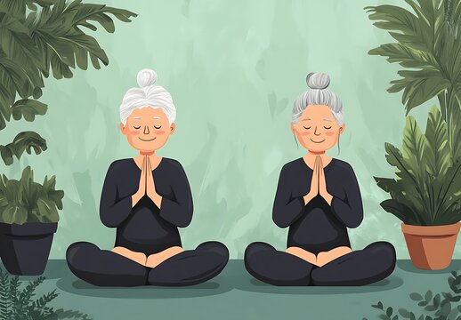 A cartoon illustration of an elderly couple doing yoga in the living room, international yoga day concept