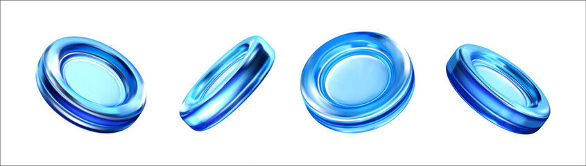 3d blue glass coin. Render set translucent disk crystal. Money gradient glass effect. Abstract glossy coins. Bank element, business concept, cash, crypto. Vector realistic illustration